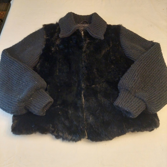 Nika Black Faux Fur Knit Puff Sleeves Bomber Jacket Y2K Baddie Moto Size L - Picture 3 of 14